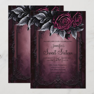 Mörk Burgundy Blommig Gothic Sweet 16 Inbjudningar