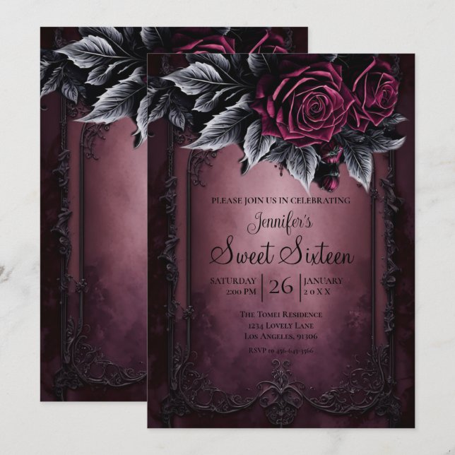 Mörk Burgundy Blommig Gothic Sweet 16 Inbjudningar (Fram/baksida)