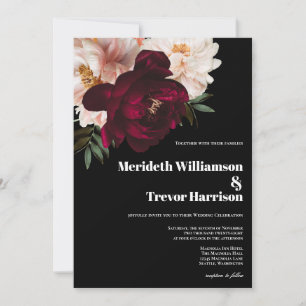 Mörk Burgundy & Blommigt Black Modern Bröllop Inbjudningar