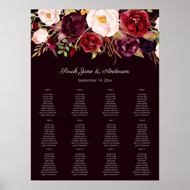 Mörk Burgundy  Blommigt - sätesdiagram 12 Poster (Framsidan)