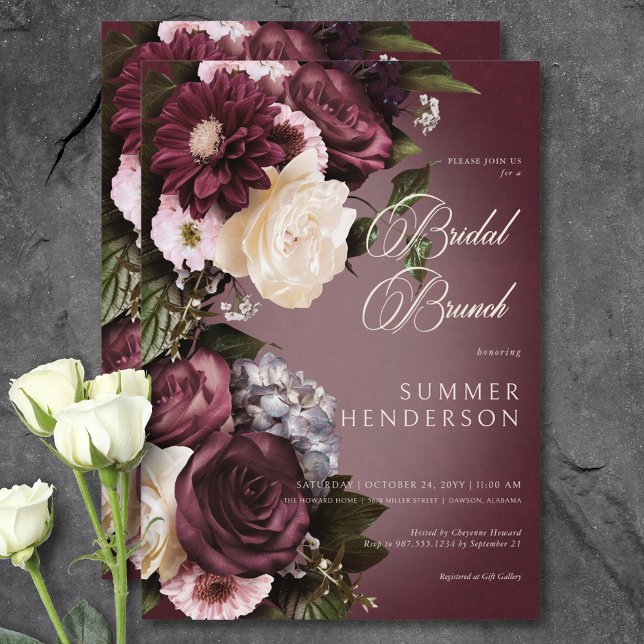 Mörk Burgundy & Cream Blur Blommigt Möhippa Brunch Inbjudningar (Dark Burgundy & Cream Blur Floral Bridal Brunch Invitation)