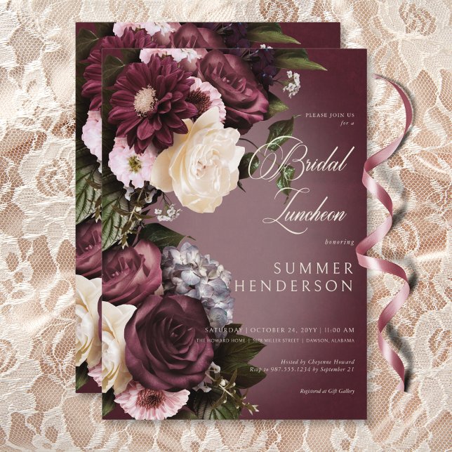 Mörk Burgundy & Cream Blur Blommigt Möhippa Lunche Inbjudningar (Dark Burgundy & Cream Blur Floral Bridal Luncheon Invitation)
