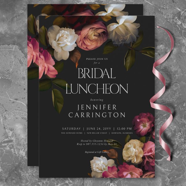 Mörk Burgundy & Cream Peonies Black Möhippa Lunch Inbjudningar (Dark Burgundy & Cream Peonies Black Bridal Lunch Invitation)