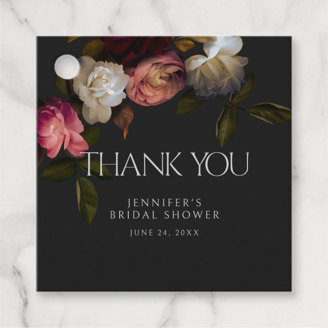Mörk Burgundy & Cream Peonies Black Shower Gåvor Etiketter (Framsida)