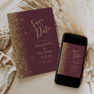 Mörk Burgundy Guld Glitter Kant Spara datum Meddelande
