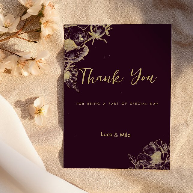 Mörk burgundy guld peony blommigt Tack Inbjudningar (Dark burgundy gold peony floral Thank You)