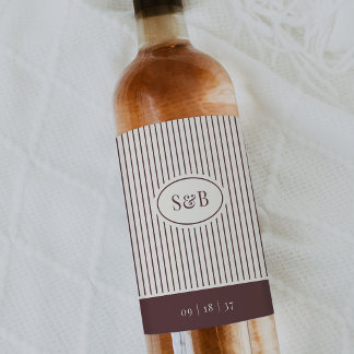 Mörk Burgundy Klassisk Randig Bröllopsmonogram Vinflaska Etikett