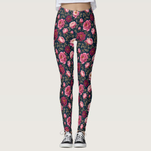Mörk Burgundy och Rosa Flowers Leggings
