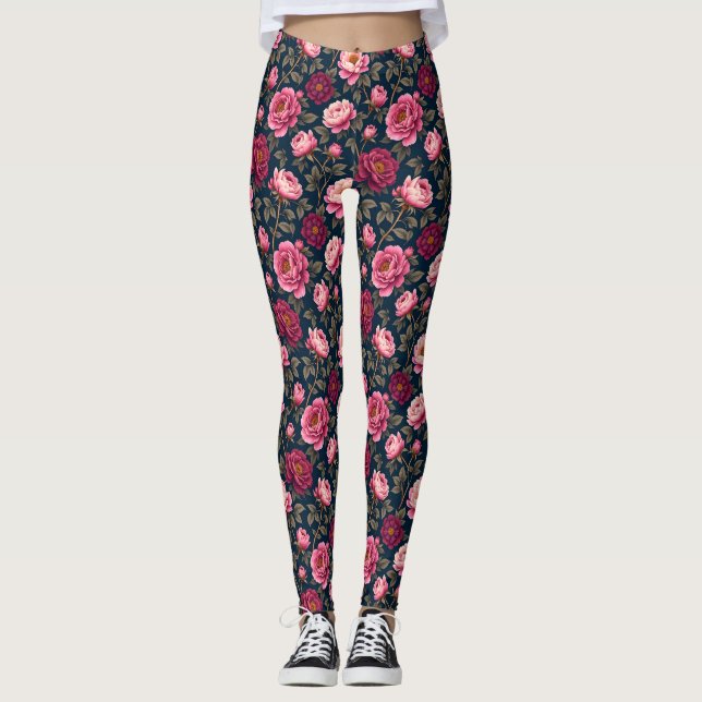 Mörk Burgundy och Rosa Flowers Leggings (Framsida)