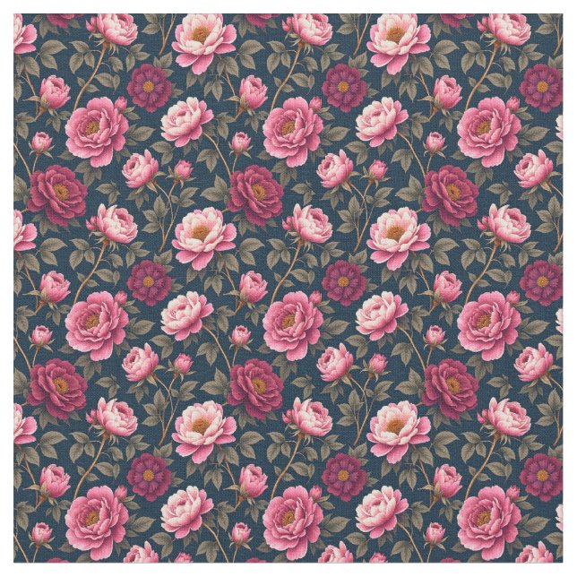 Mörk Burgundy och Rosa Flowers Tyg (Närbild)