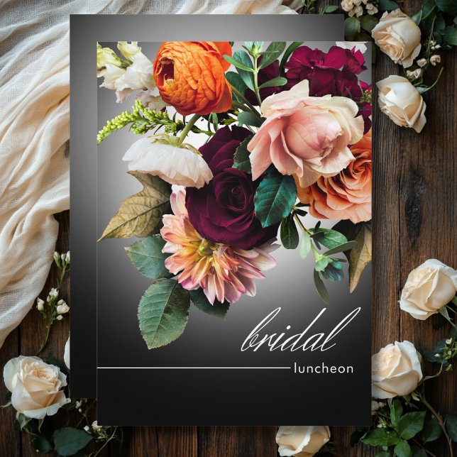 Mörk Burgundy & Orange Blommigt Romantik Möhippa L Inbjudningar (Dark Burgundy & Orange Floral Romance Bridal Lunch Invitation)
