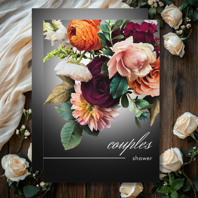 Mörk Burgundy Orange Blommigt Romantik Par Shower Inbjudningar (Dark Burgundy Orange Floral Romance Couples Shower Invitation)