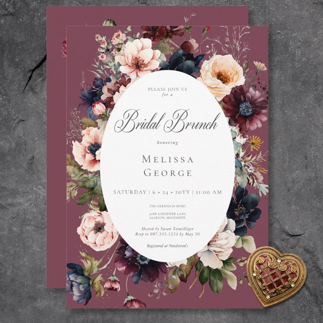 Mörk Burgundy Oval Blommigt Ram Möhippa Brunch Inbjudningar (Dark Burgundy Oval Floral Frame Bridal Brunch Invitation)