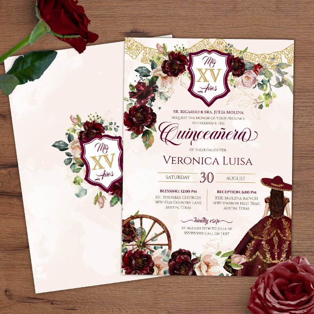 Mörk Burgundy Ro Elegant Charro Quinceanera Inbjudningar (Skapare uppladdad)