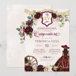Mörk Burgundy Ro Elegant Charro Quinceanera Inbjudningar