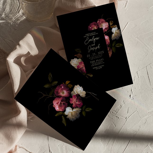Mörk Burgundy Rosa Blommigt Modern Boho Bröllop Inbjudningar (Skapare uppladdad)