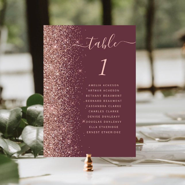 Mörk Burgundy Rosé Guld Glitter Bröllop Bordsnummer (Skapare uppladdad)