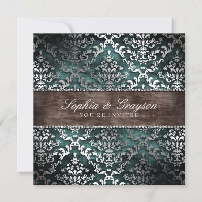 Mörk Chocolate Teal Glimmer Damask Wedding Inbjuda Inbjudningar (Framsida)