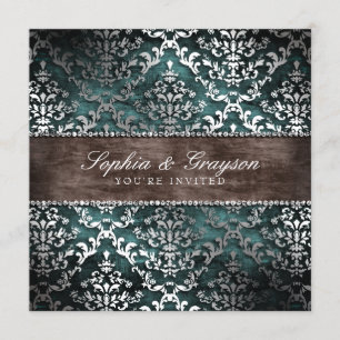 Mörk Chocolate Teal Glimmer Damask Wedding Inbjuda Inbjudningar