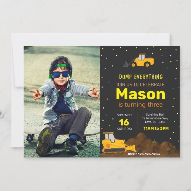 Mörk Construction Lastbil Födelsedagsfest Inbjudan (Framsida)