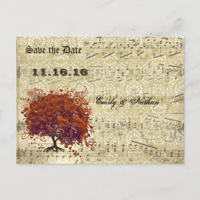 Mörk Coral Heart Löv Träd Spara datum Meddelande Vykort (Framsida)