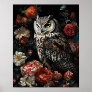 Mörk cottagecore Owl och Flowers Art Skriv ut bok Poster