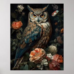 Mörk cottagecore Owl och Flowers Art Skriv ut bok Poster