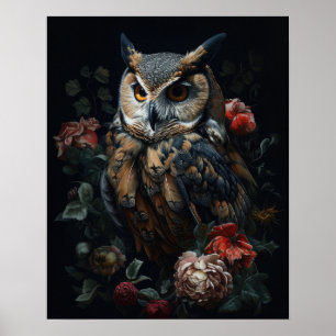 Mörk cottagecore Owl och Flowers Art Skriv ut bok Poster