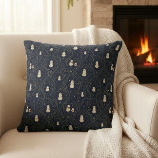 Mörk Cottagecore Snömannen Midnatt Blå Jul Kudde