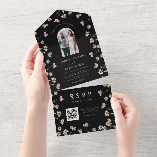 Mörk Cream WildblommArch-fotot QR-kod Bröllop (Avrivbar del)