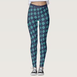 Mörk Cyan Blue Aquamarine Squares Mönster Fitness Leggings