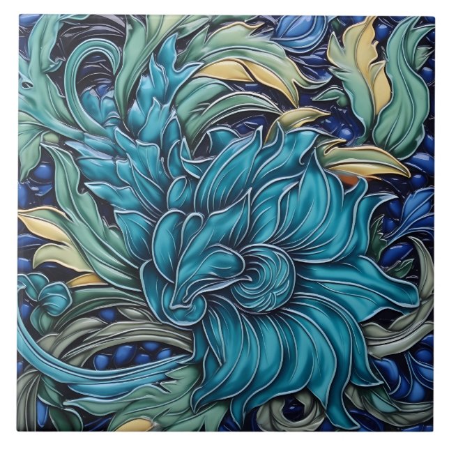 Mörk Cyan och Grönt Art nouveau Blommigt Motif Kakelplatta (Framsidan)