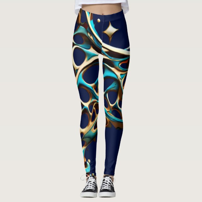 Mörk Cyan och Guld Arabesque Leggings (Framsida)