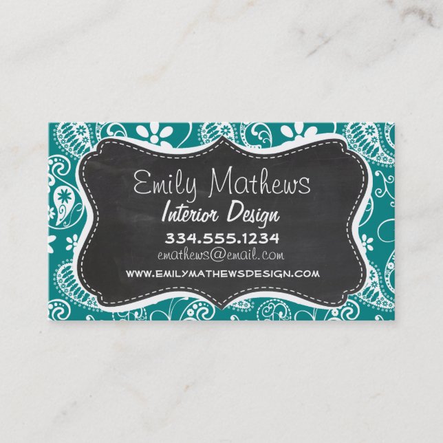 Mörk Cyan Paisley; Blommigt; Retro Chalkboard Visitkort (Framsida)