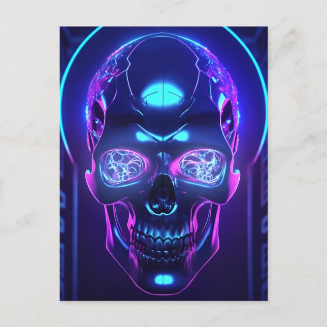Mörk Cyber Neon Obsidian Skull Vykort (Framsida)