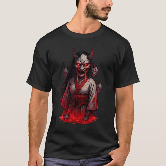 Mörk Cyberpunk Oni-Flicka T Shirt (Framsida)