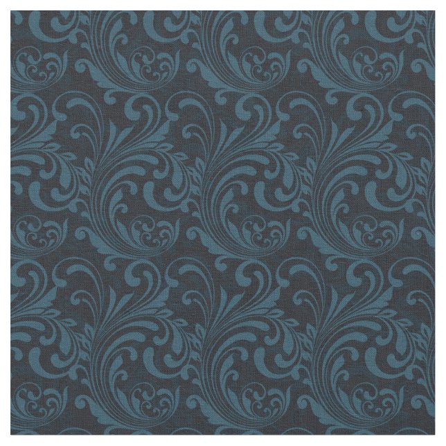 Mörk Damask Blue Black Swirl Masculine Mönster Tyg (Närbild)
