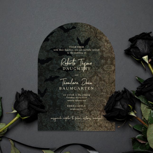 Mörk Damask Romantik Halloween bröllopsinbjudan Inbjudningar (arch card gothic Victorian Halloween wedding invitation )