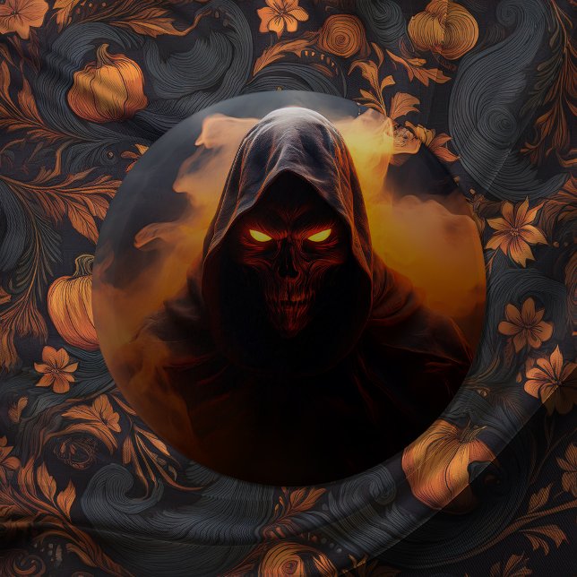 Mörk demon med orangens rökhalloween-bricka knapp (Skapare uppladdad)