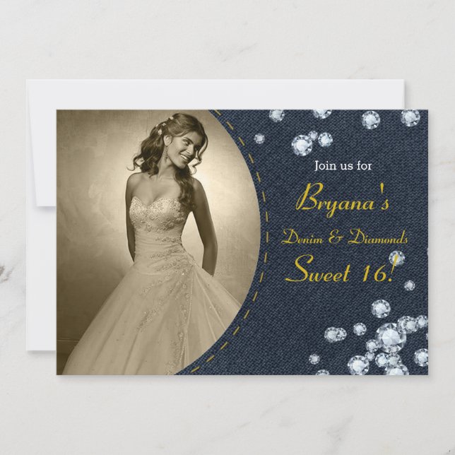 Mörk Denim & Diamonds Photo Birthday-inbjudan Inbjudningar (Framsida)