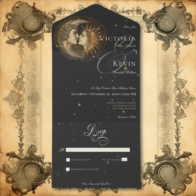 Mörk Dyster Viktoriansk Kyssande Måne & Sol Ingenk (Dark Moody Victorian Kissing Moon & Sun No Dinner All In One Invitation)