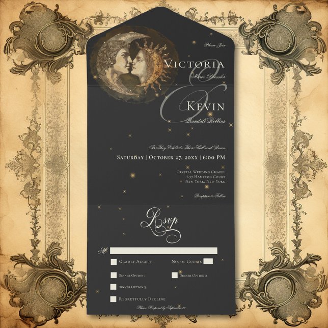 Mörk Dyster Viktoriansk Kyssande Måne & Sol Middag (Dark Moody Victorian Kissing Moon & Sun Dinner All In One Invitation)