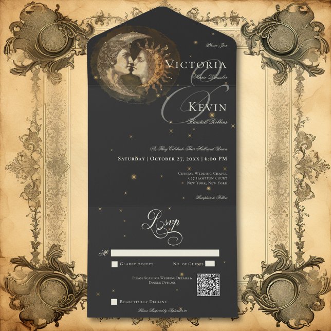 Mörk Dyster Viktoriansk Kyssande Måne & Sol QR-kod (Dark Moody Victorian Kissing Moon & Sun QR Code All In One Invitation)