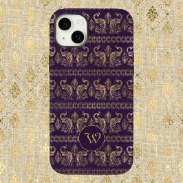 Mörk Eggplant Guld Vintage Peacocks med Monogram