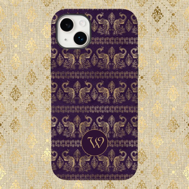 Mörk Eggplant Guld Vintage Peacocks med Monogram (Skapare uppladdad)
