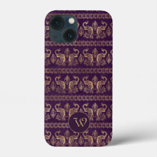 Mörk Eggplant Guld Vintage Peacocks med Monogram