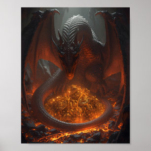 Mörk elddrake som vaktar skatter – Fantasykonst Poster