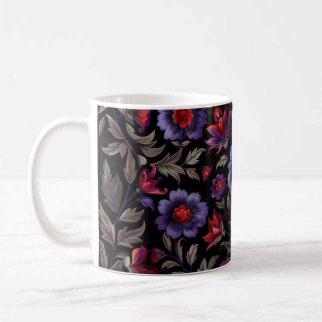 Mörk Elegance: Blommönstret Black and Lila Kaffemugg (Vänster)