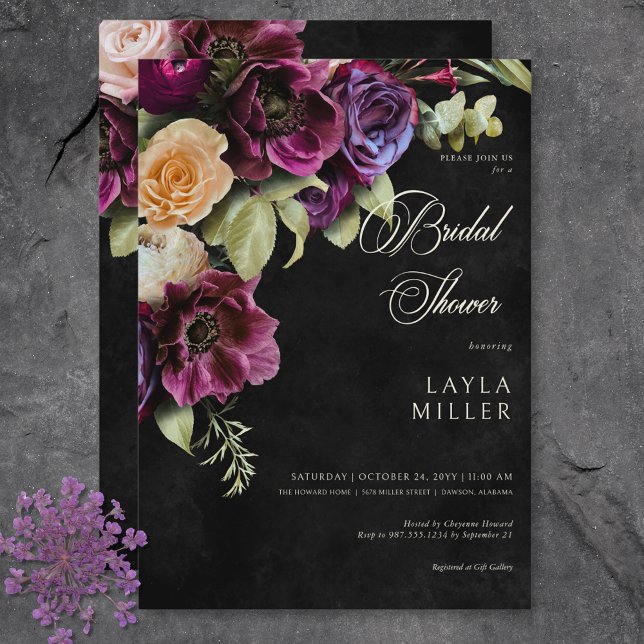Mörk Elegant Black Dramatic Blommigt Möhippa Inbjudningar (Dark Elegant Black Dramatic Floral Bridal Shower Invitation)