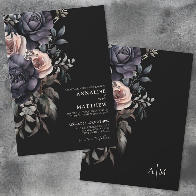 Mörk Elegant Blommig Bröllop Inbjudningar (Dark Elegant Floral Wedding Invitation)